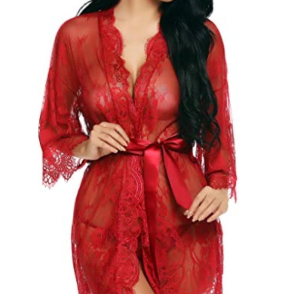 Women Lingerie Robe Lace Kimono Bathrobes Sexy Nightgowns - Picture 3 of 4
